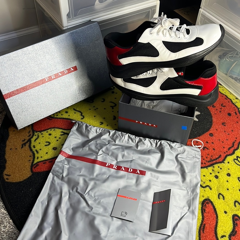PRADA sz8/us9m Men's America's Cup Patent Leather Low-Top Sneakers Bianco+Rosso